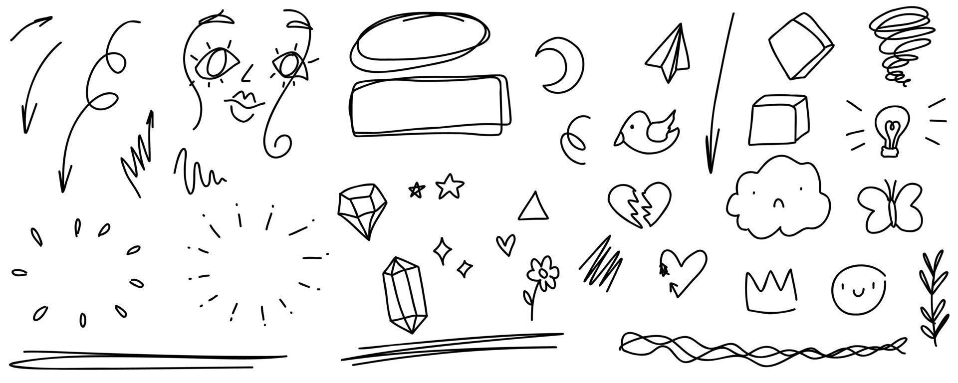 baby doodles rahmen, pfeile, gesicht, sterne, herz, kristalle. skizzensatz niedliches kritzeln isolierte liniensammlung. vektor