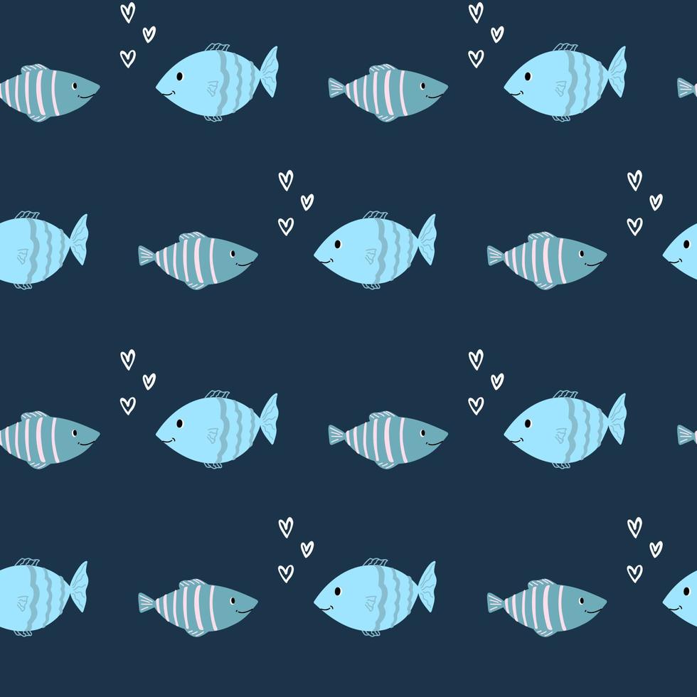 söt fisk havsmönster blå linje doodle. sömlös bakgrund havet. textilhjärtan för barn. minimalism papper scrapbook för barn, badrum. vektor