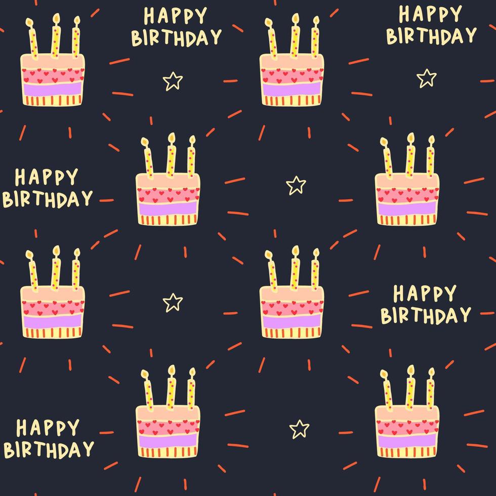 söt tecknad tårta med ljus, svart mönster. grattis på födelsedagen text. doodle illustration med present till baby. vektor