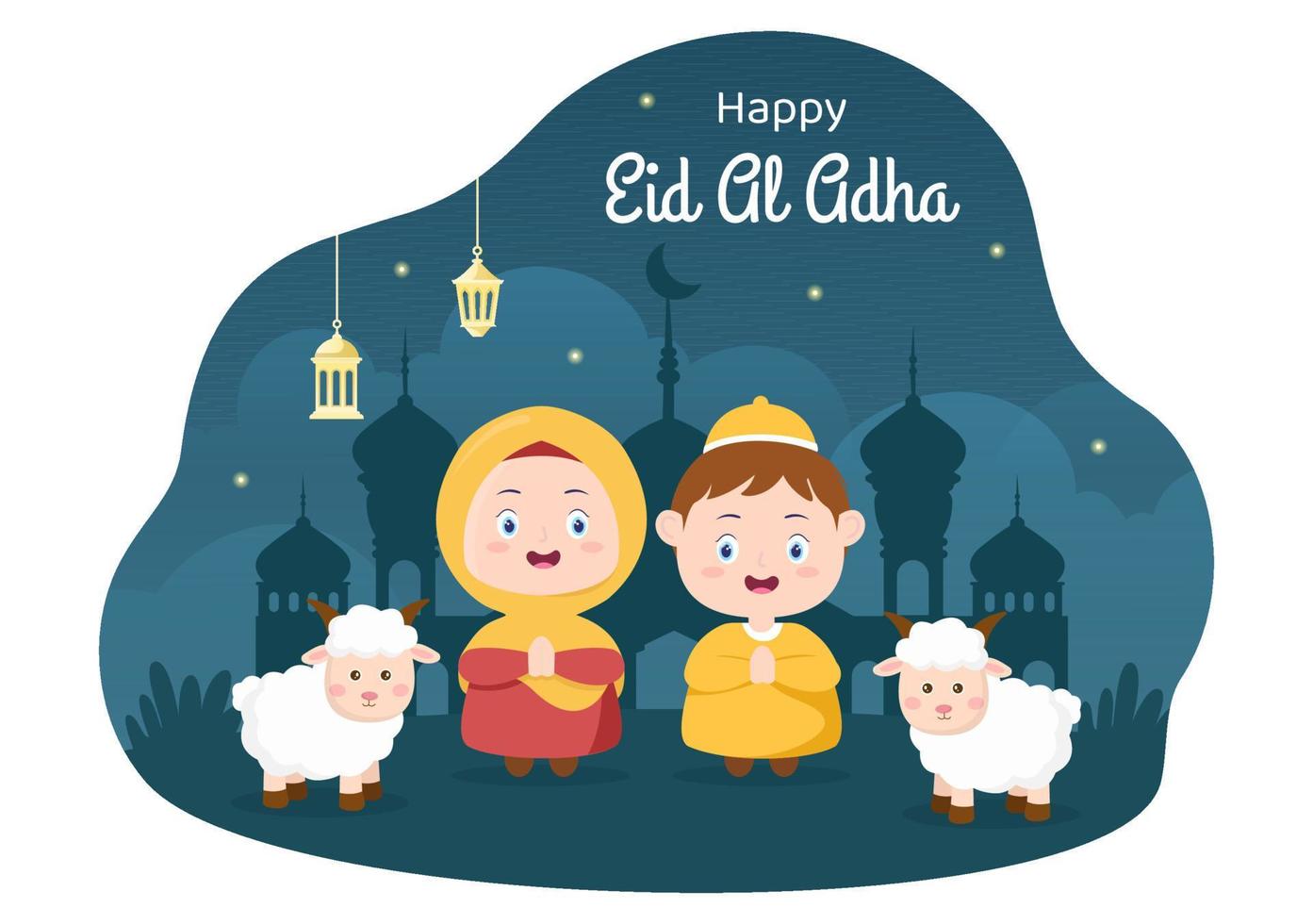 eid al adha bakgrund tecknad illustration för firandet av muslim med slakt av ett djur som en ko, get eller kamel och dela det vektor