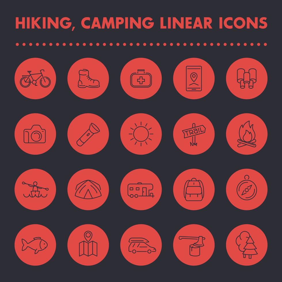 Wandern, Camping, Outdoor-Line-Icons Set, Stiefel, Taschenlampe, Zelt, Karte, Kajak, Wald, Angeln, Wohnmobil vektor