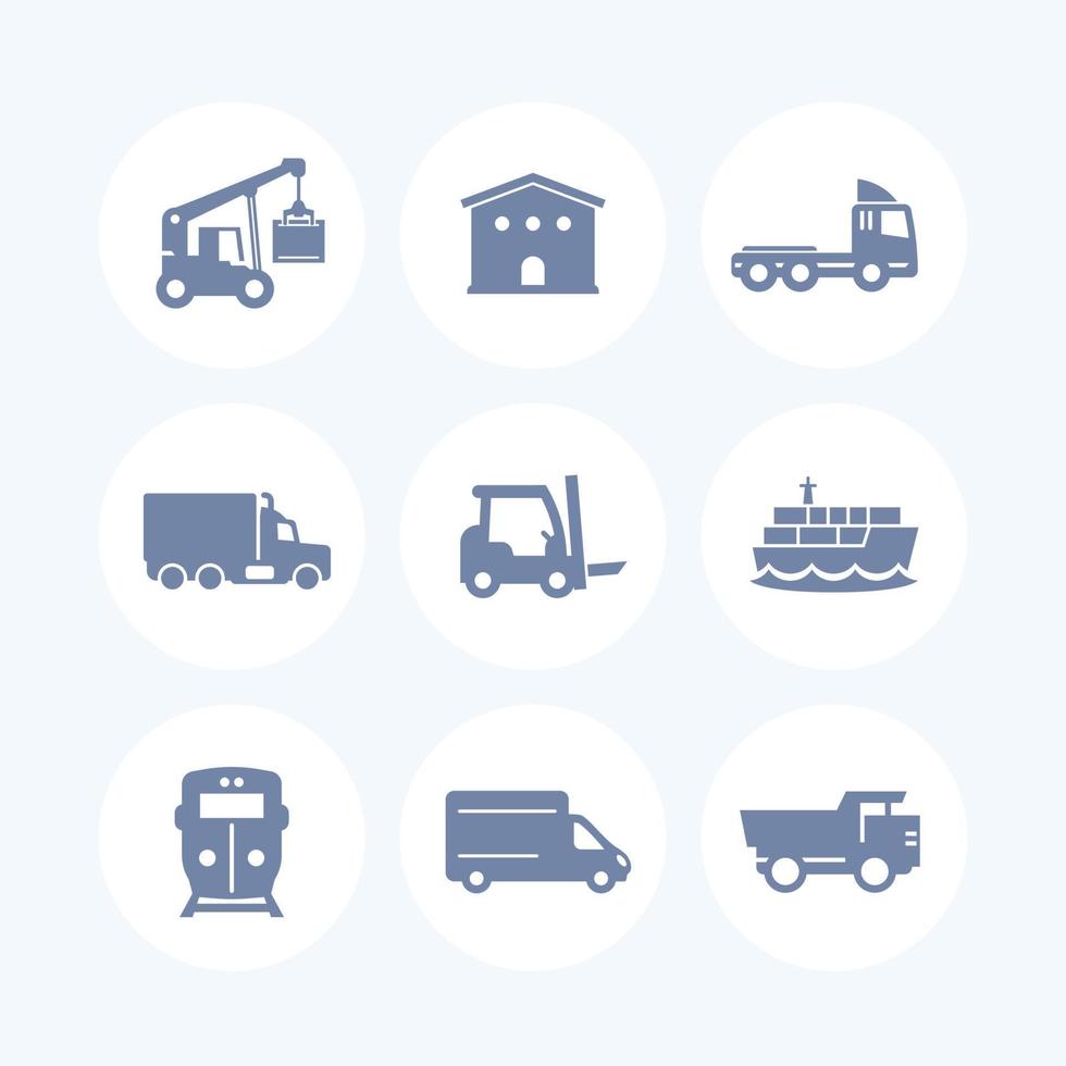 Transport, Logistiksymbole über Weiß, Lager, Frachtzug, Schiff, LKW, Lader, Lieferwagen, Seetransport, Vektorillustration vektor