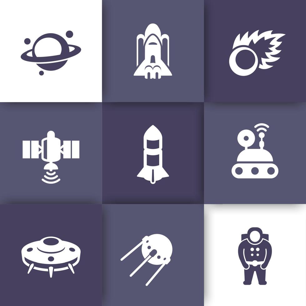 Weltraumsymbole gesetzt, Planet mit Asteroidengürtel, Komet, Astronaut, UFO, Satellit, Raumsonde, Shuttle, Rakete vektor