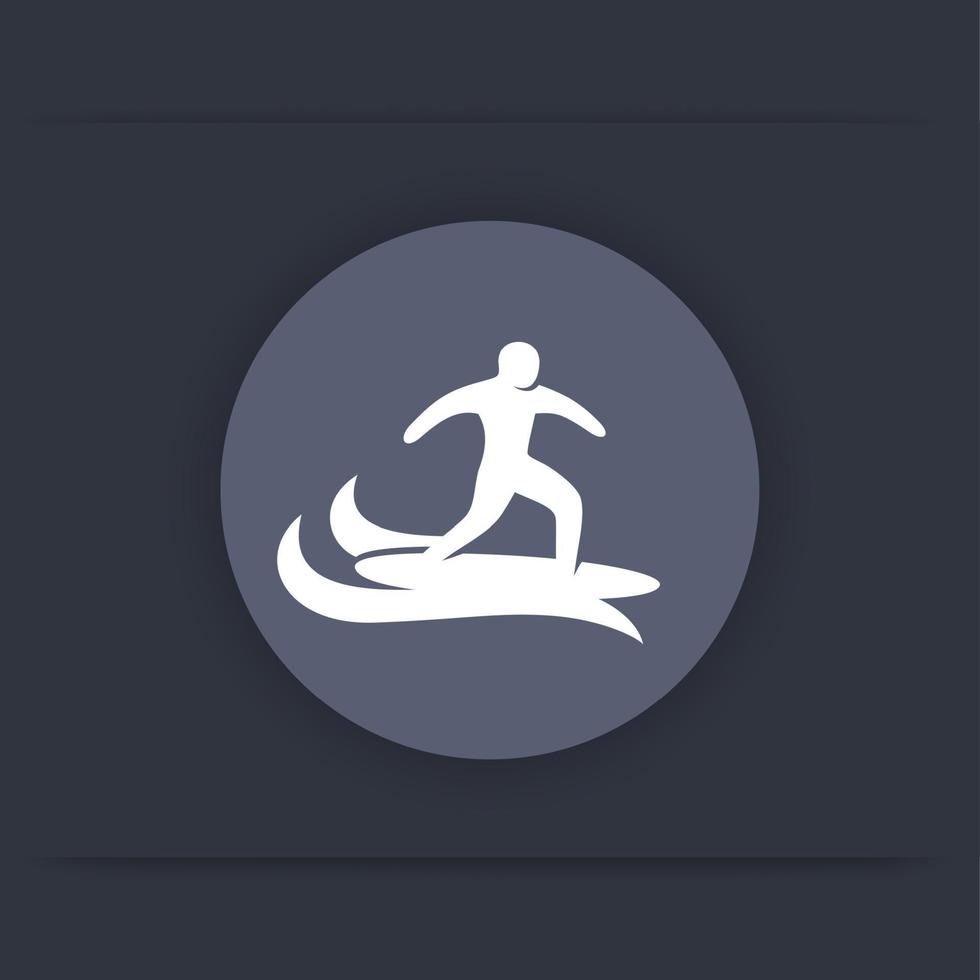 Surfer-Symbol, Surfschild, Mann auf Surfbrett rundes flaches Symbol, Vektorillustration vektor