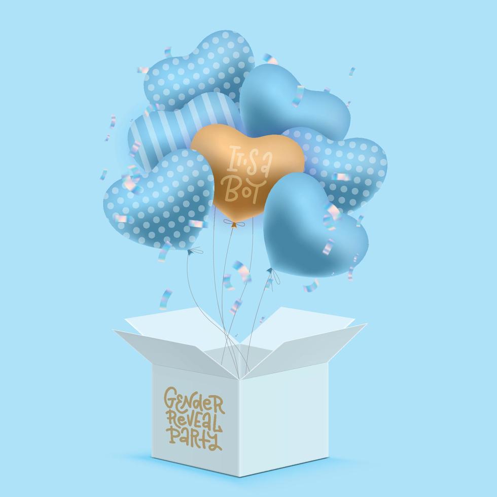 3D-Darstellung einer Gender-Enthüllungsparty mit einer weißen Box, die mit blauen Luftballons gefüllt ist und auf der steht, dass es ein Junge ist. Vektor realistisches Design
