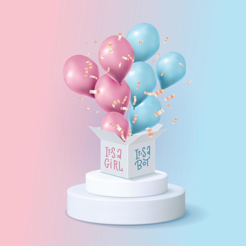 blumenstrauß, ein paar realistische rosa und blaue 3d-luftballons, die aus der weißen kiste mit dem text fliegen, es ist ein junge. vektorillustration für karte, geschlechtsoffenlegungsparty, design, flyer, poster, dekor, banner, web vektor
