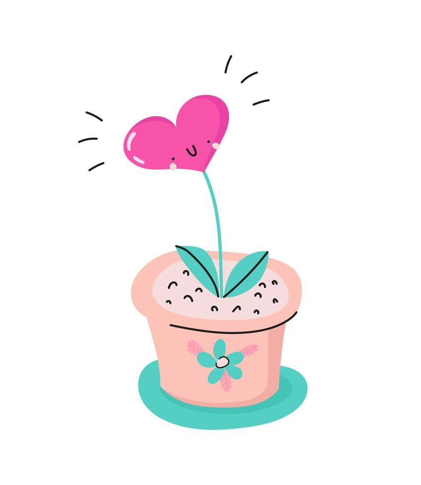 süße Cartoon-Blume in einem Topf. lustiger handgezeichneter pflanzencharakter isoliert auf weiß. Element für Kinderdesign. flache vektorillustration. vektor