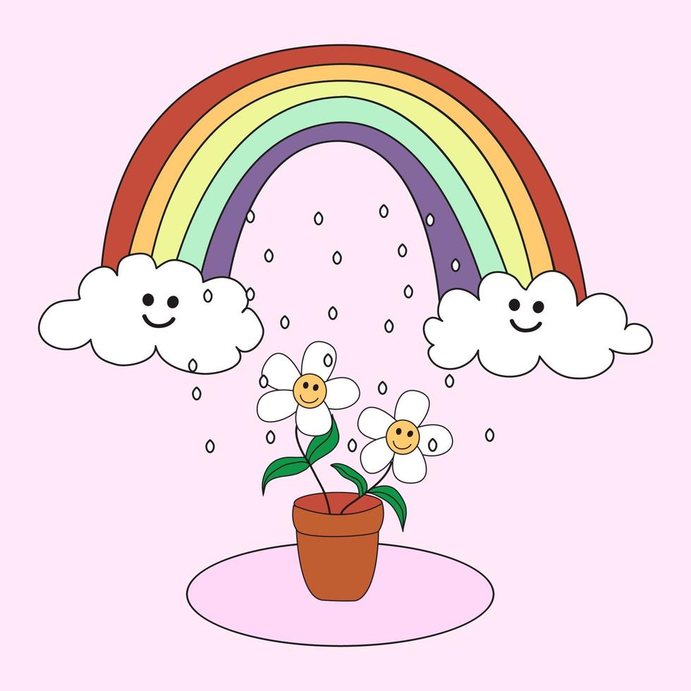 Regenbogen mit Wolken, es regnet und eine Zimmerpflanze mit Blumen. modisches Design für Aufkleber, Grußkarten, Drucke auf T-Shirts, Poster vektor