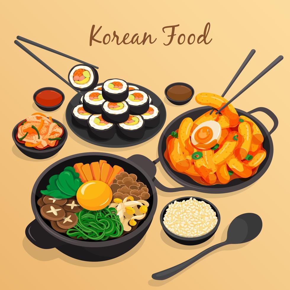 koreanisches lebensmittelmenü auf hölzernem hintergrundillustrationsvektor. Kimbap, Tteokbokki, Bibimbap, Kimchi, Sauce und Reis vektor