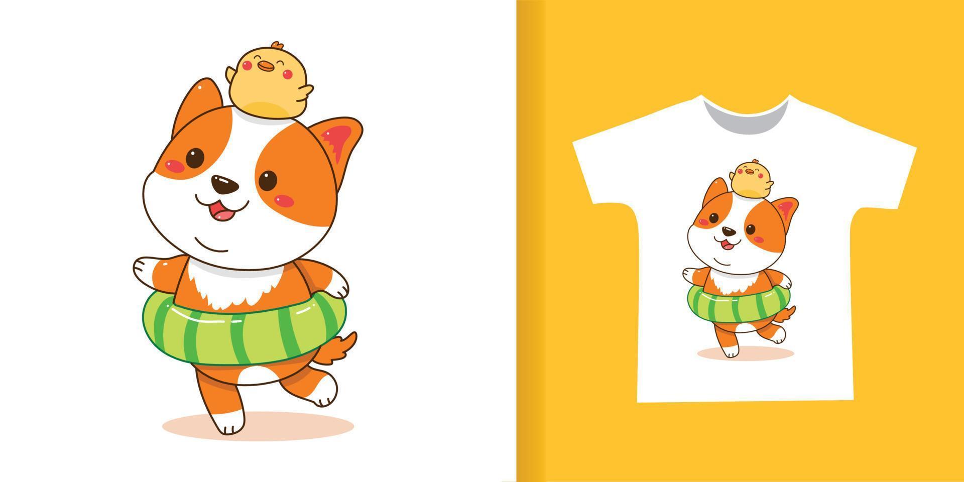 niedlicher corgi und ente mit schwimmringkarikatur für t-shirt. vektor