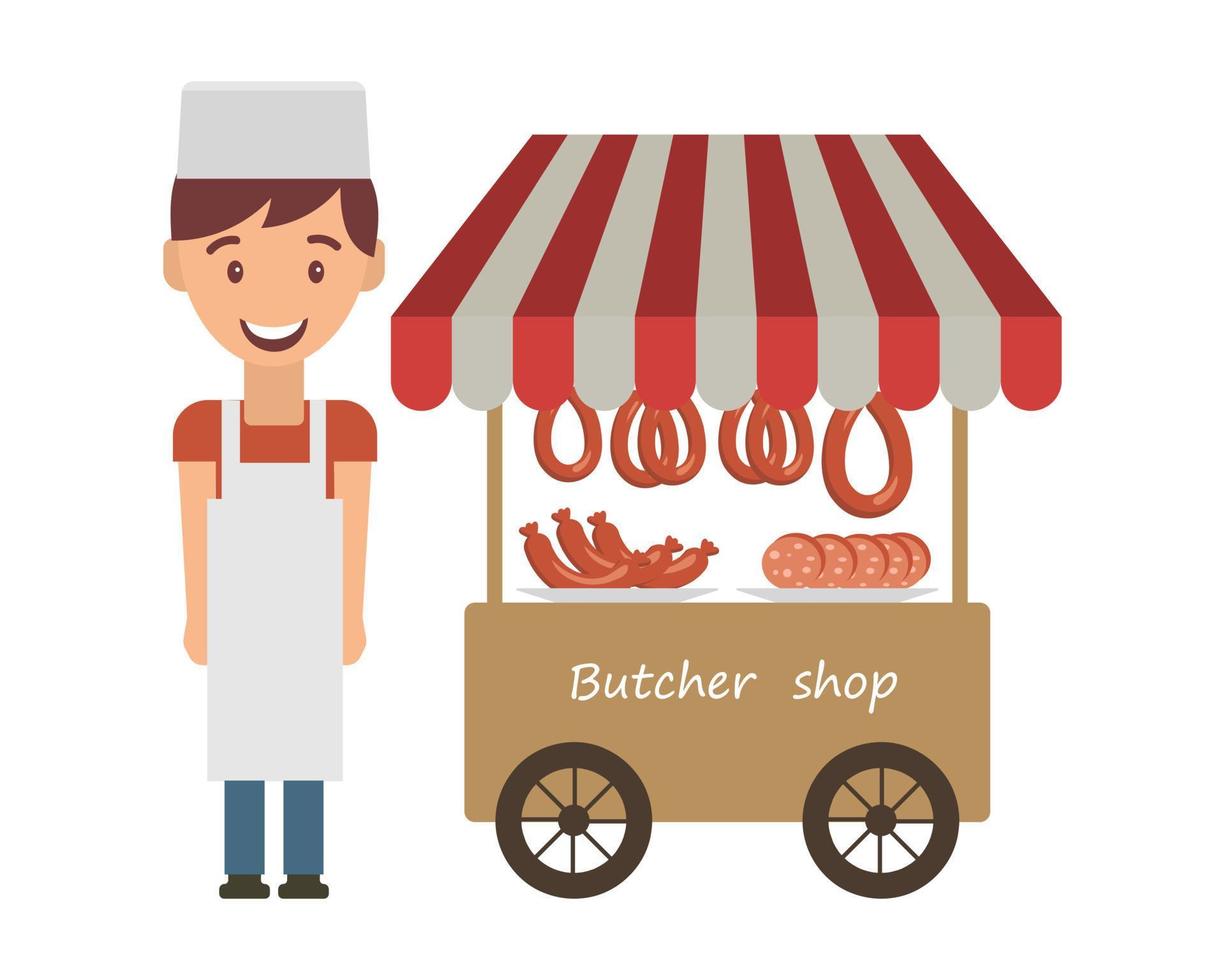 Abbildung, ein Straßenverkäufer von Fleisch und Fleischprodukten und ein Karren mit gestreifter Markise. Druck, ClipArt, Poster vektor