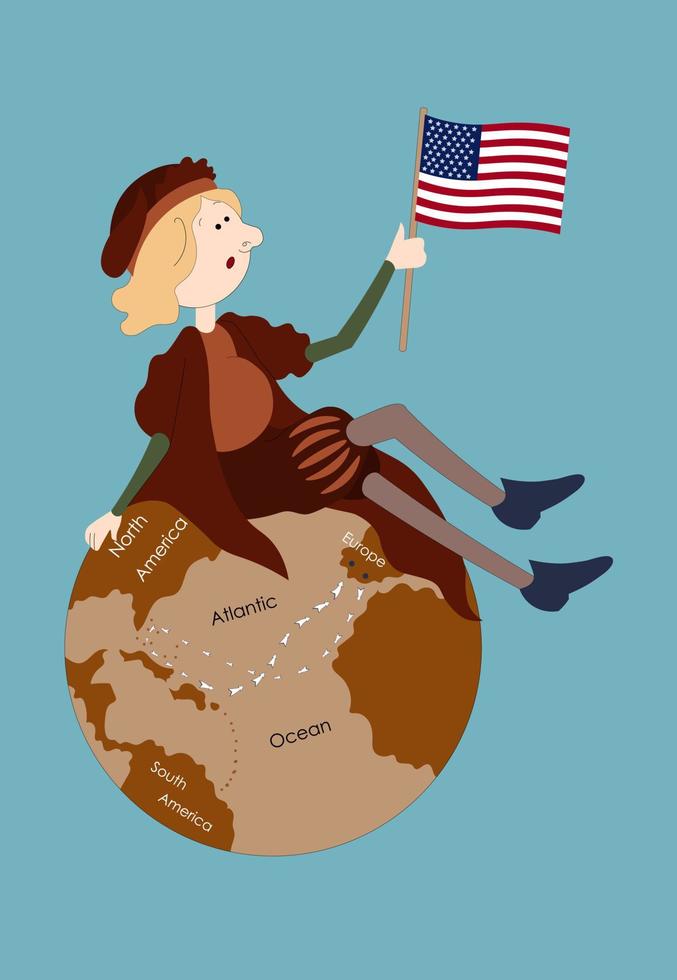 columbus dag. columbus sitter på jordklotet med den amerikanska flaggan i handen. vektor illustration