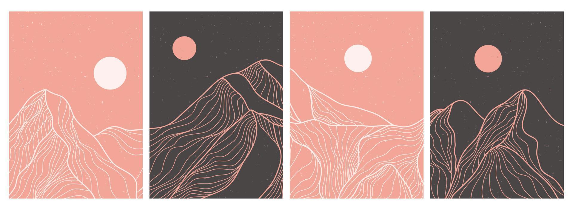 kreativt minimalistiskt modernt linjekonsttryck på set. abstrakt berg samtida estetiska bakgrunder landskap. med berg, månsken, skyline och våg. vektor illustrationer