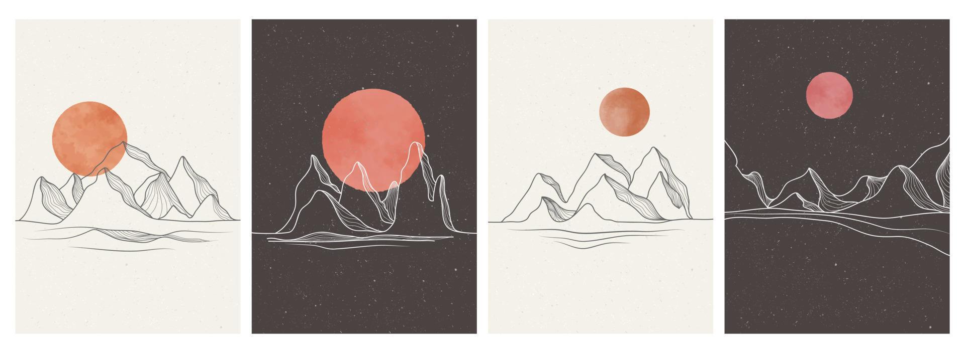handritning berg och solnedgång linjekonsttryck på set. abstrakta samtida estetiska bakgrunder landskap. vektor illustrationer