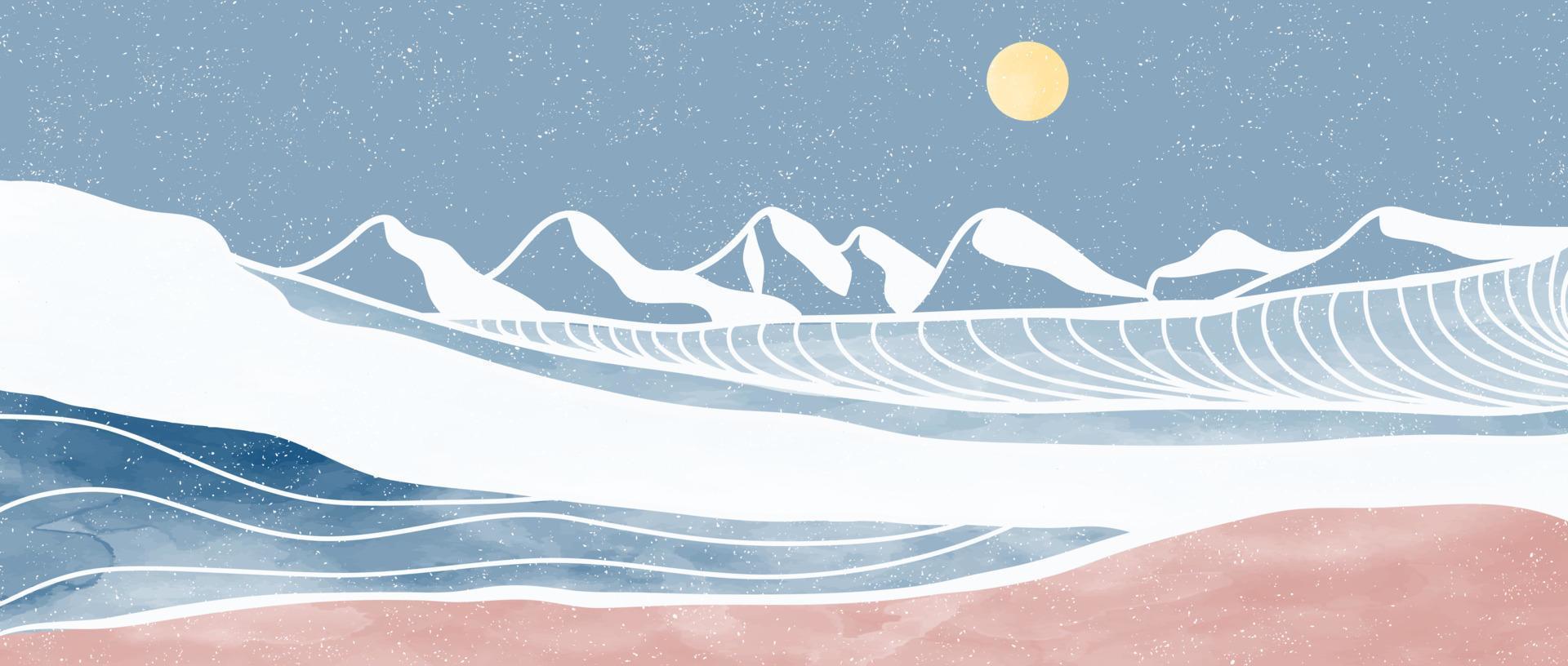 kreativa minimh hav, skyline, våg. vektor illustrationsalist modern färg och linjekonsttryck. abstrakt havsvåg och berg samtida estetiska bakgrunder landskap. kvickhet
