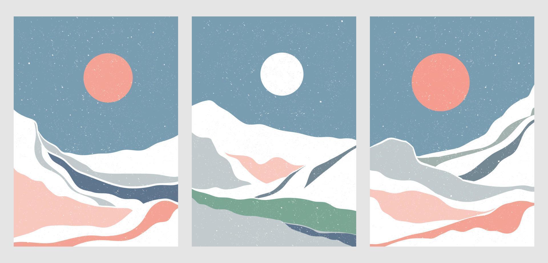 mitten av århundradet modernt minimalistiskt konsttryck på set. abstrakt berg samtida estetiska bakgrunder landskap. vektor illustrationer