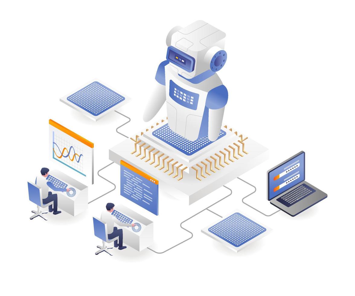 Der Mensch erschafft eine Robotik für die Arbeit vektor