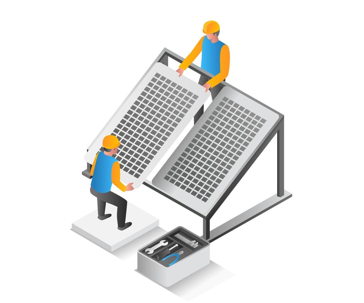 flaches isometrisches illustrationskonzept. Zwei Ingenieure installieren Sonnenkollektoren vektor