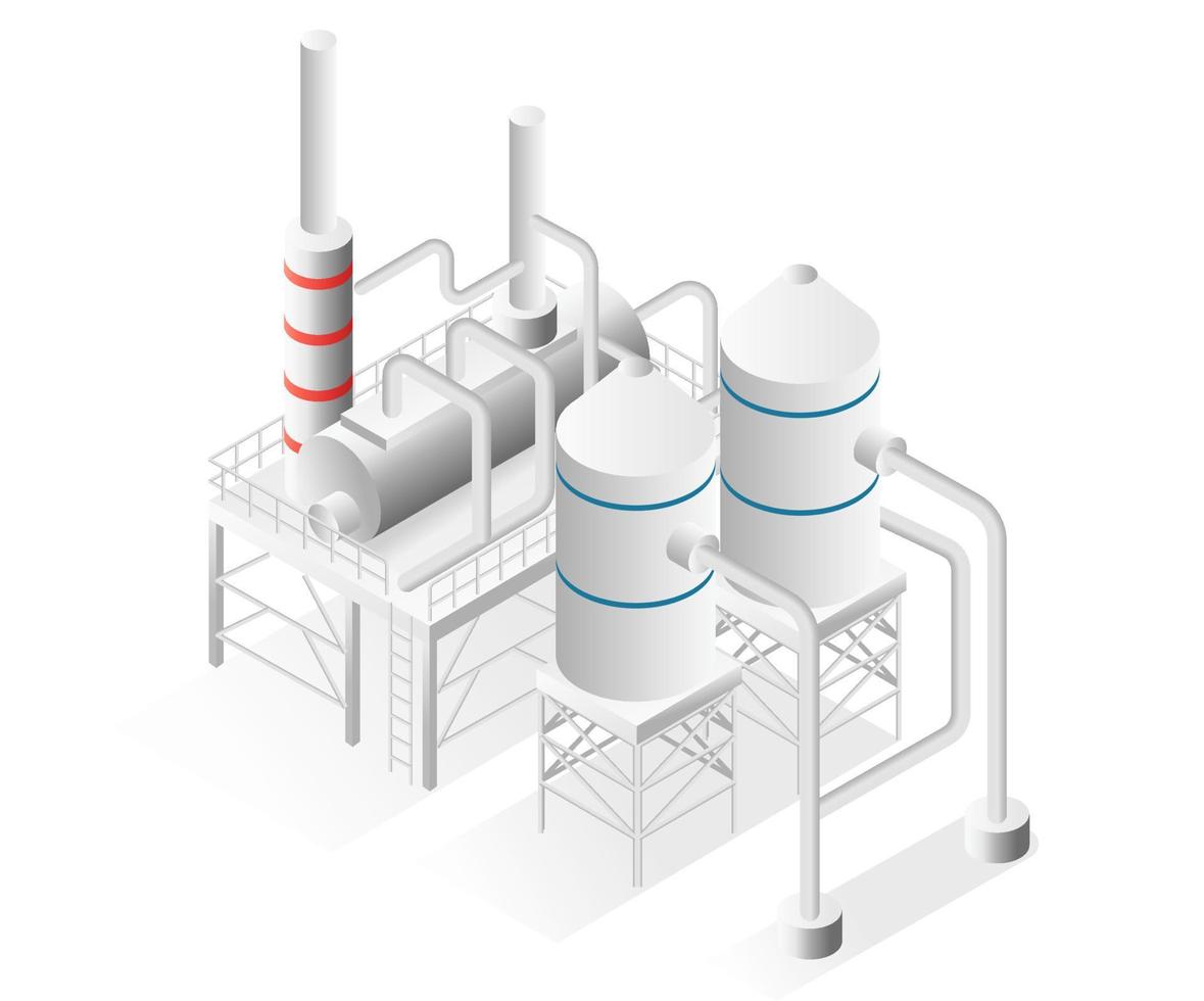 platt isometrisk illustration koncept. olje- och gasfabrik med rörledningar vektor