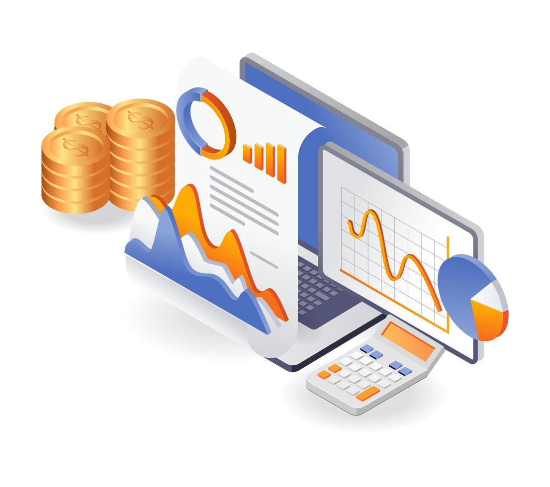 platt isometrisk illustration koncept. datordataanalys företagsdata från investeringsbolag vektor