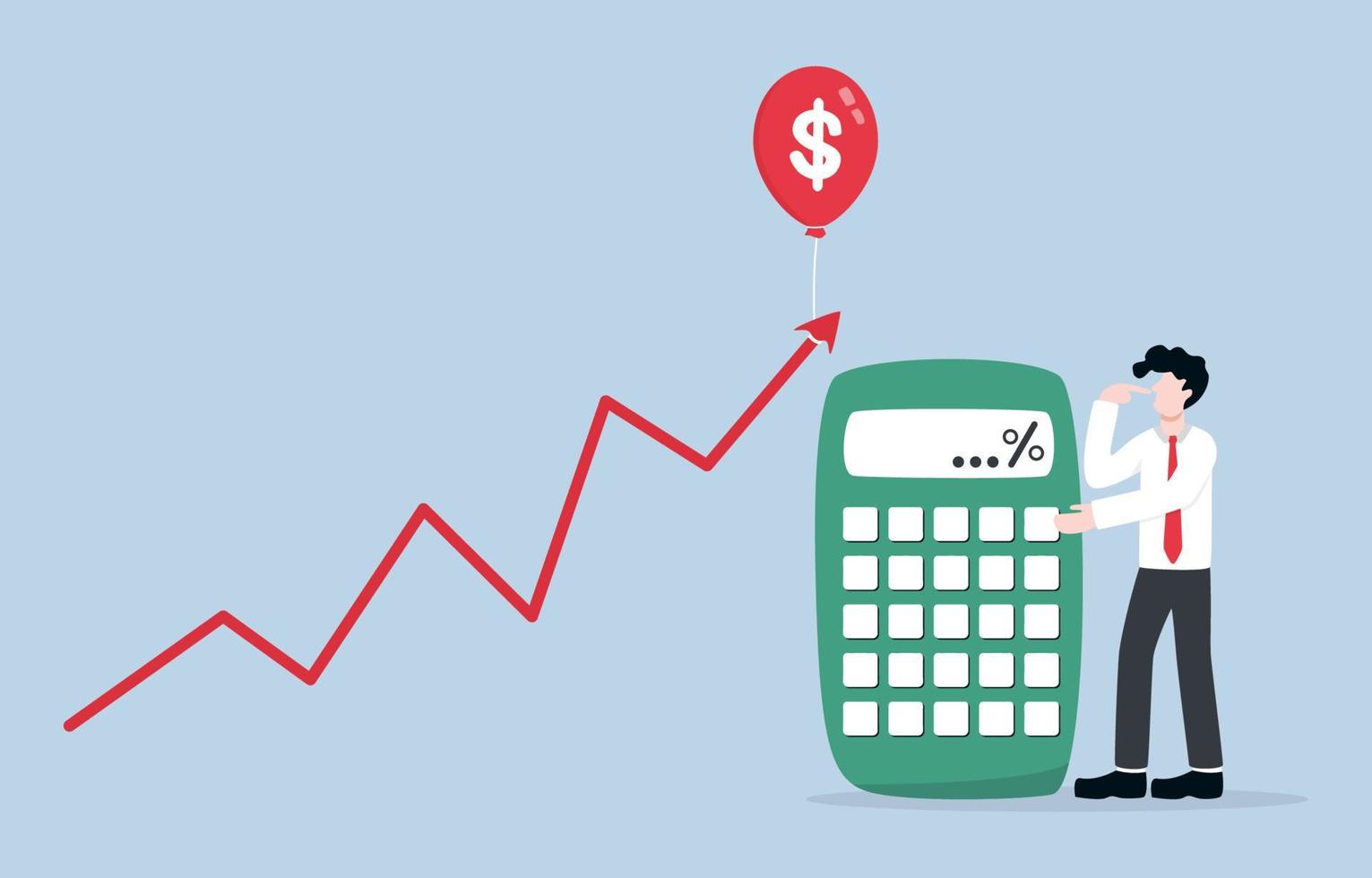 Inflationsratenberechnung zur Erstellung eines Finanzplans für die Zukunft, finanzielle Sicherheit, Risikomanagementkonzept. Geschäftsmann, der neben dem Taschenrechner steht und das rote Aufwärtstrenddiagramm analysiert, das mit einem Ballon gefesselt ist. vektor