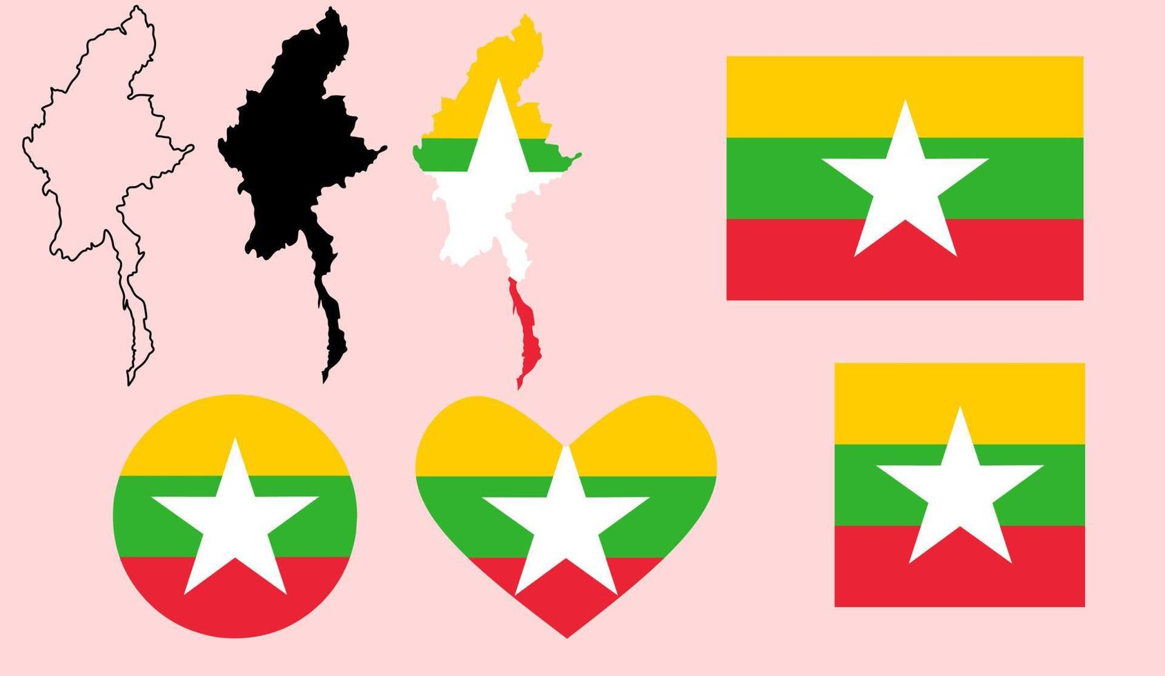 myanmar karta flagga ikonuppsättning vektor