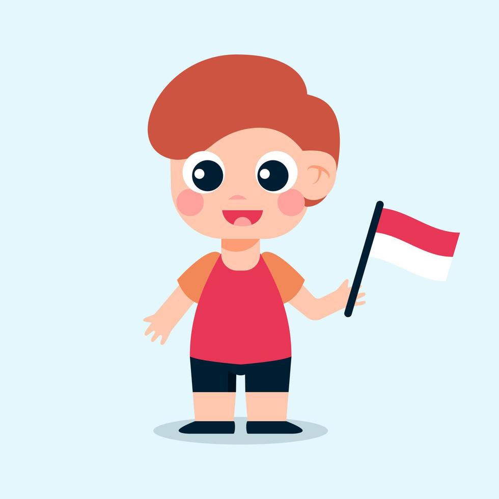 Charakter des kleinen Jungen, der eine indonesische Flagge hält vektor