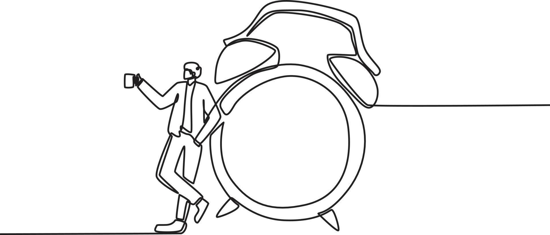 Single One Line Drawing Geschäftsmann trinkt Kaffee in der Hand während der Pausenzeit. ununterbrochene Linie zeichnen grafische Vektorillustration des Designs. vektor