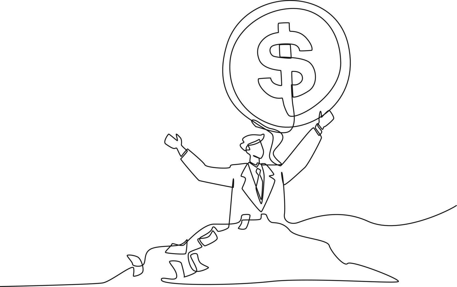 Kontinuierliche Linienzeichnung eines Geschäftsmannes, der mit Münzgeld in seinem Kopf meditiert. Finanzen und Investitionen. einzeiliges zeichnen design vektorgrafik illustration. vektor