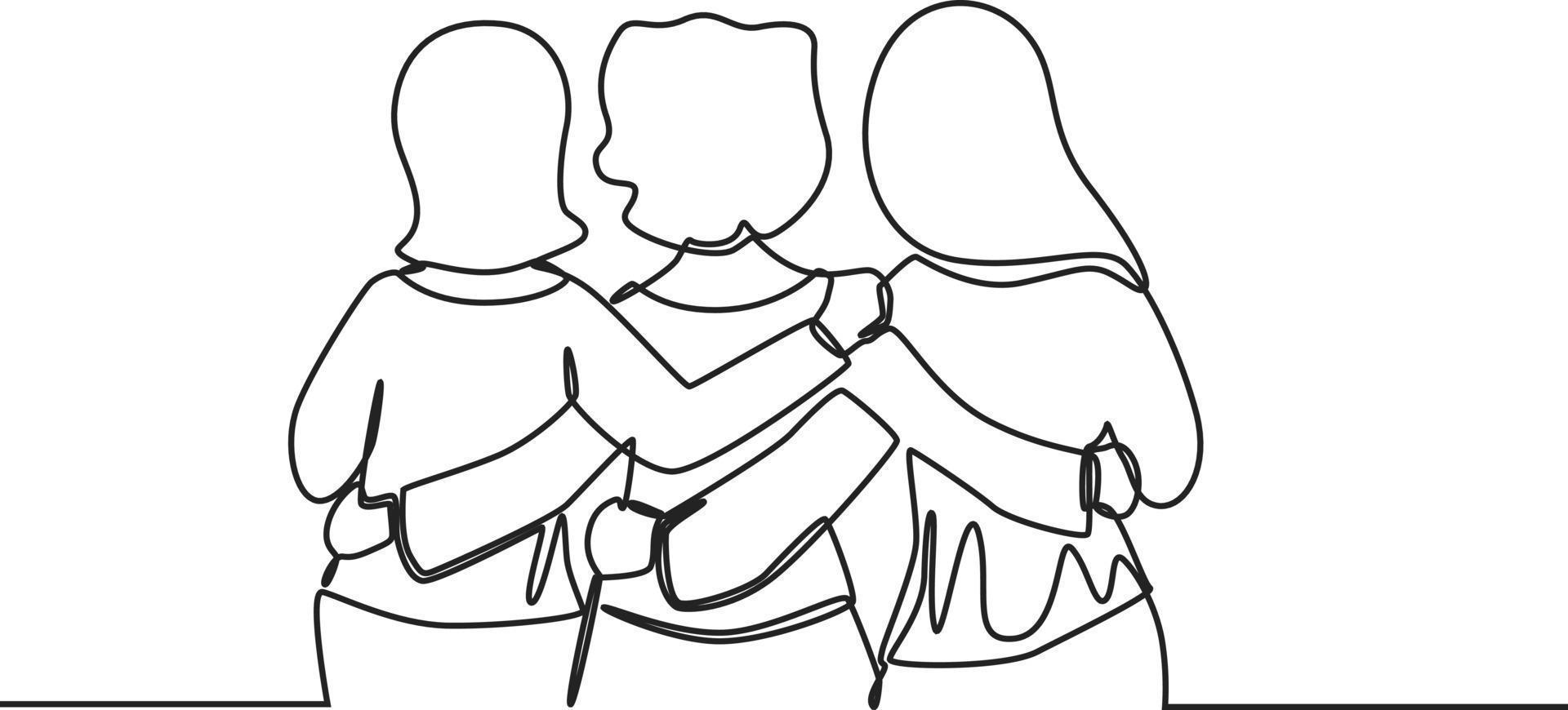 eine durchgehende Strichzeichnung einer Gruppe von Frauen, die zusammenstehen und ihre Freundschaft zeigen. Freundschaftstag. einzeiliges zeichnen design vektorgrafik illustration. vektor