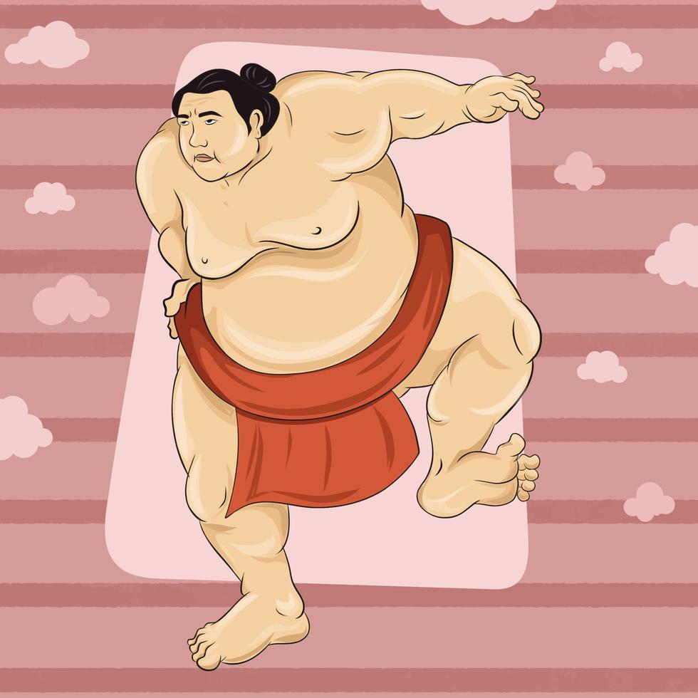Sumo-Wrestler, der in einer aggressiven Haltung mit einem Bein steht. großer, großer, wütender Mann. japanischer sport. vektor
