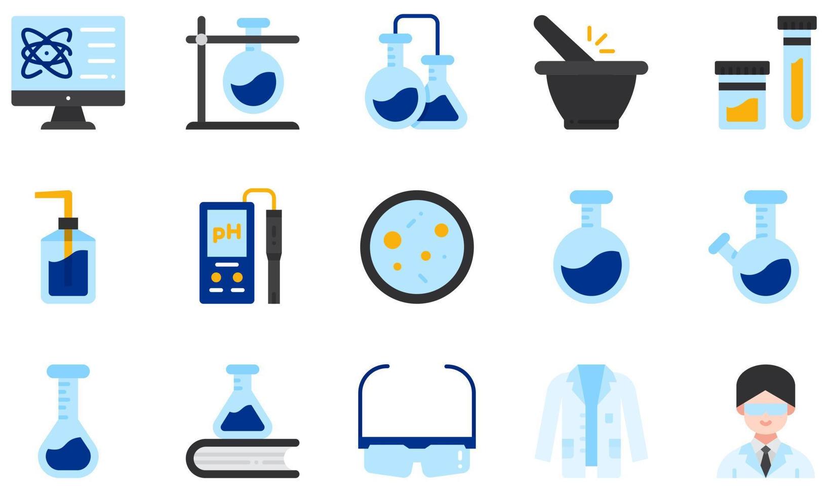 Reihe von Vektorsymbolen im Zusammenhang mit dem Chemielabor. Enthält Symbole wie Reagenzglas, Chemie, Urinprobe, pH-Meter, Kolben, Laborkittel und mehr. vektor