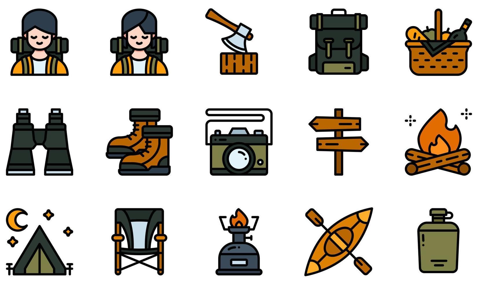 Reihe von Vektorsymbolen im Zusammenhang mit Camping. enthält Symbole wie Abenteurer, Axt, Rucksack, Korb, Stiefel, Lagerfeuer und mehr. vektor