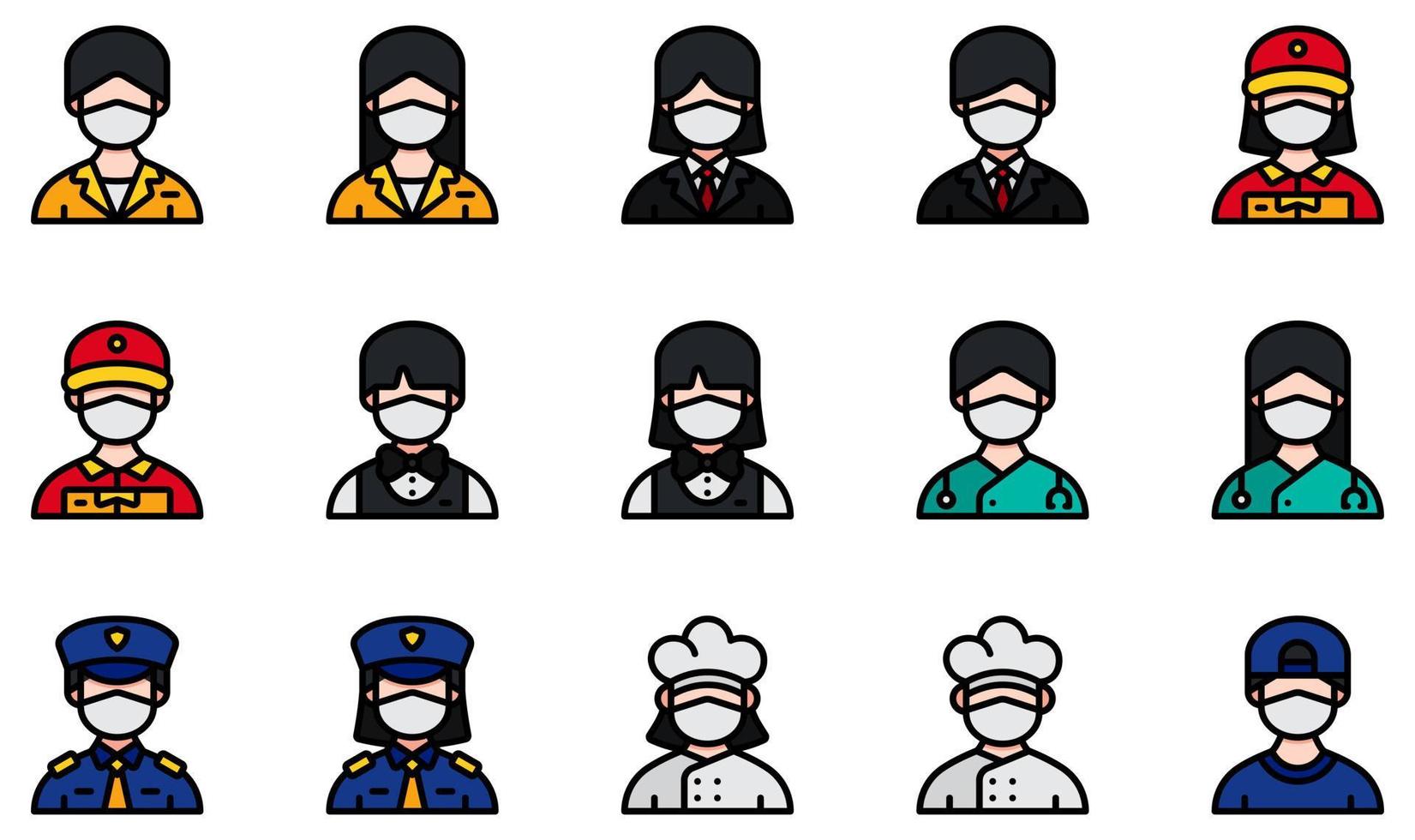 Satz von Vektorsymbolen im Zusammenhang mit Avataren mit medizinischen Masken. enthält Symbole wie Rezeption, Geschäftsmann, Lieferbote, Barkeeper, Arzt, Polizei und mehr. vektor