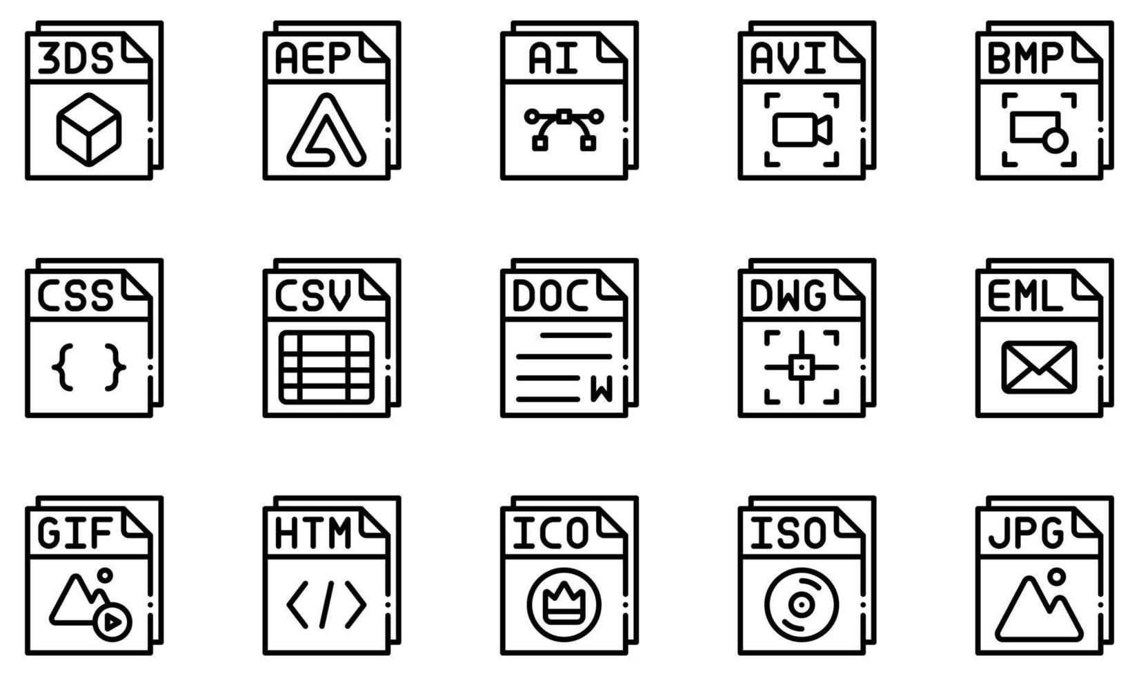 satz von vektorsymbolen, die sich auf dateien beziehen. Enthält Symbole wie AVI-Datei, AI-Datei, AVI-Datei, Doc-Datei, GIF-Datei, JPG-Datei und mehr. vektor