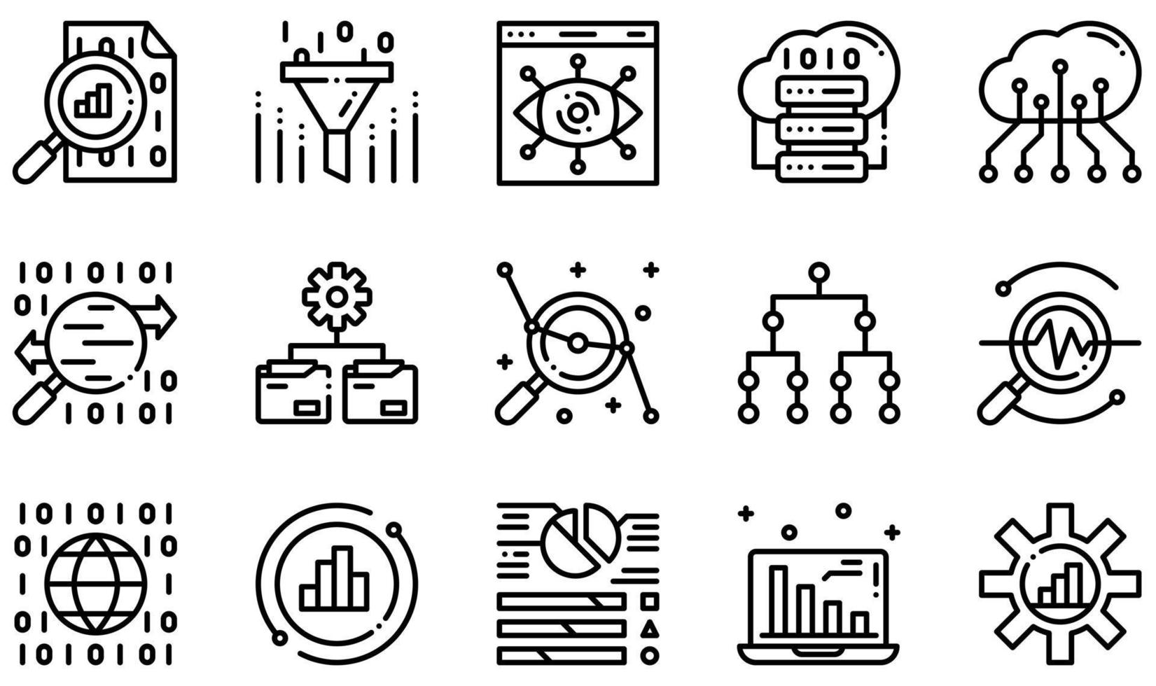 uppsättning vektor ikoner relaterade till dataanalys. innehåller sådana ikoner som datavisualisering, big data, molndata, trafikanalys, global data, statistik och mer.