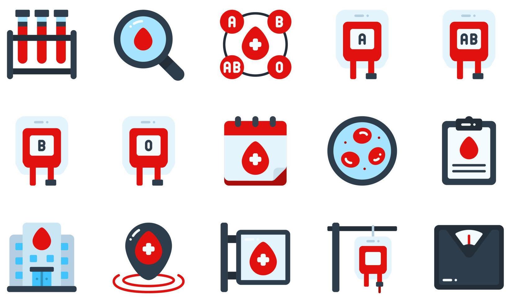 Reihe von Vektorsymbolen im Zusammenhang mit der Blutspende. enthält Symbole wie Bluttest, Kalender, Erythrozyten, Gesundheitsbericht, Transfusion, Gewicht und mehr. vektor