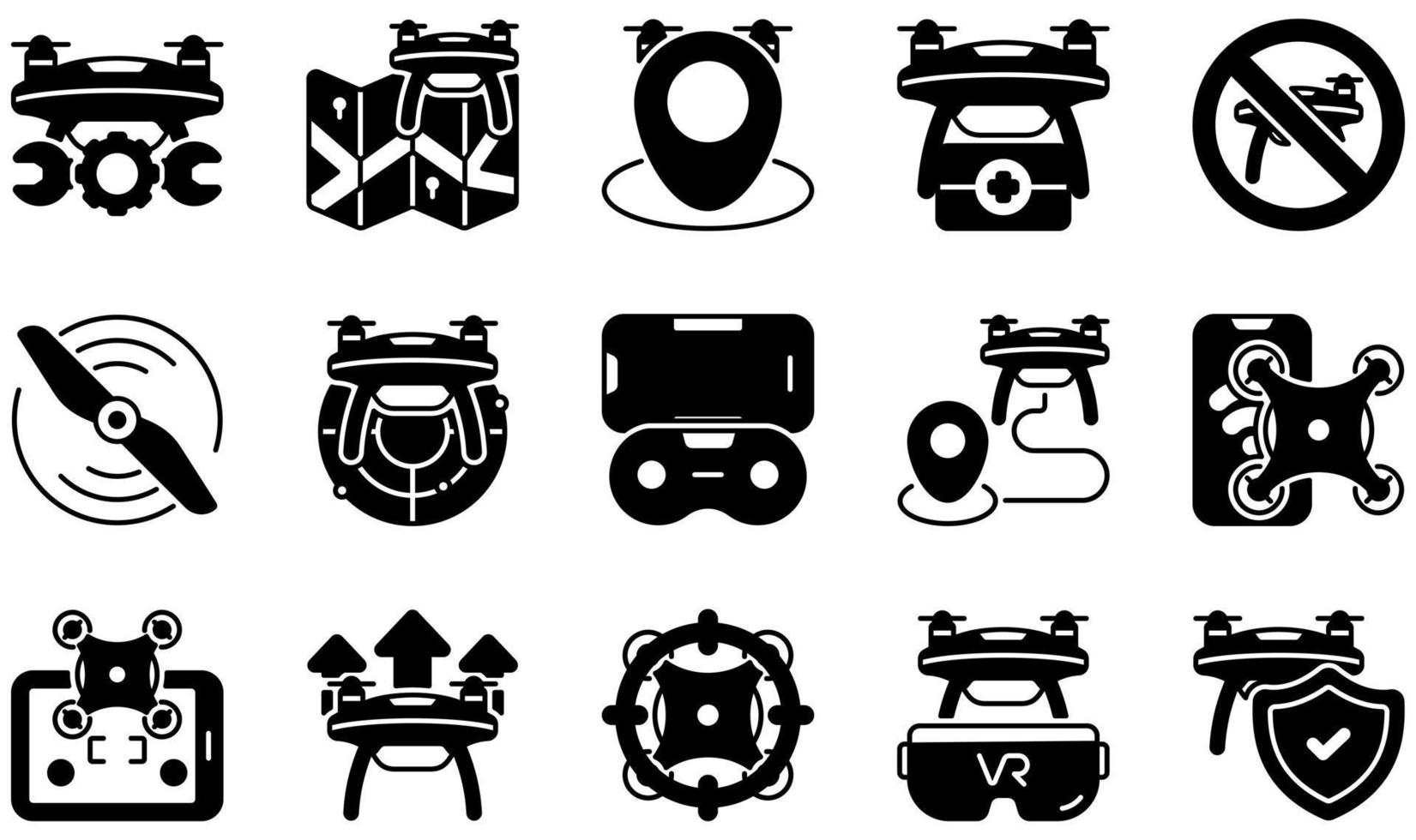 Reihe von Vektorsymbolen im Zusammenhang mit Drohnen. Enthält Symbole wie Wartung, Karte, Medizin, Propeller, Radar, virtuelle Realität und mehr. vektor