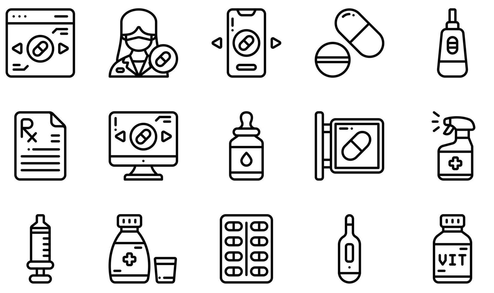 uppsättning vektor ikoner relaterade till apotek. innehåller sådana ikoner som onlineapotek, piller, graviditet, onlineapotek, serum, spray och mer.