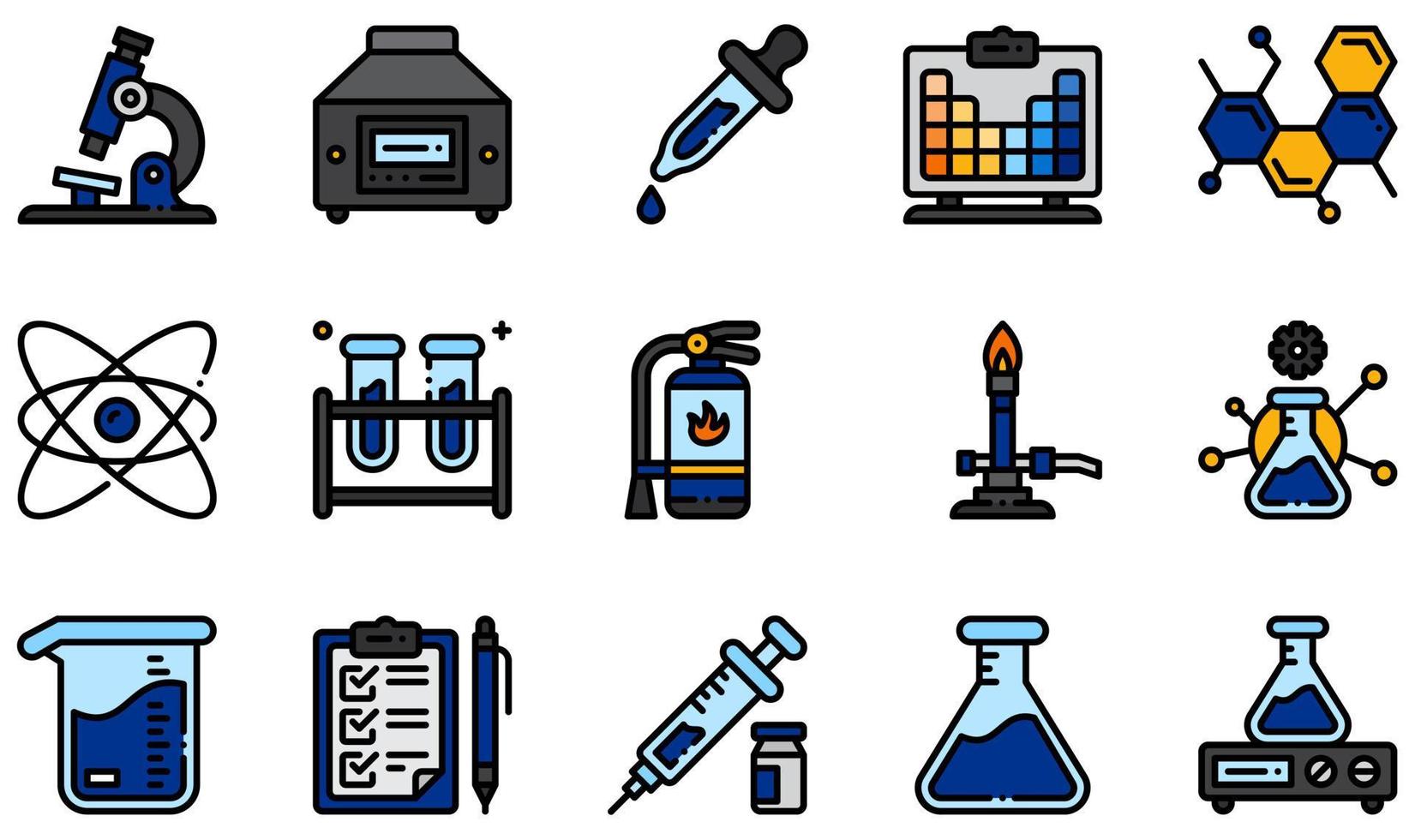 Reihe von Vektorsymbolen im Zusammenhang mit dem Chemielabor. enthält Symbole wie Mikroskop, Zentrifuge, Pipette, Molekular, Atom, Becherglas und mehr. vektor