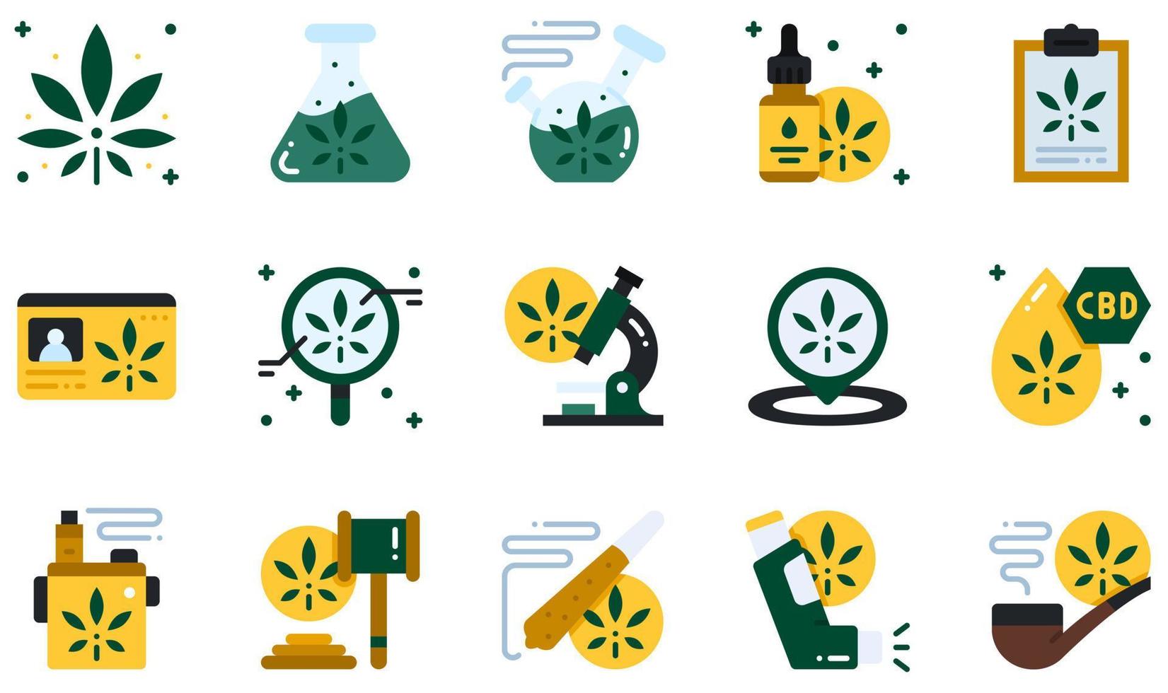 uppsättning vektorikoner relaterade till cannabis. innehåller sådana ikoner som cannabis, bong, cannabisolja, cbd-olja, vape, inhalator och mer. vektor