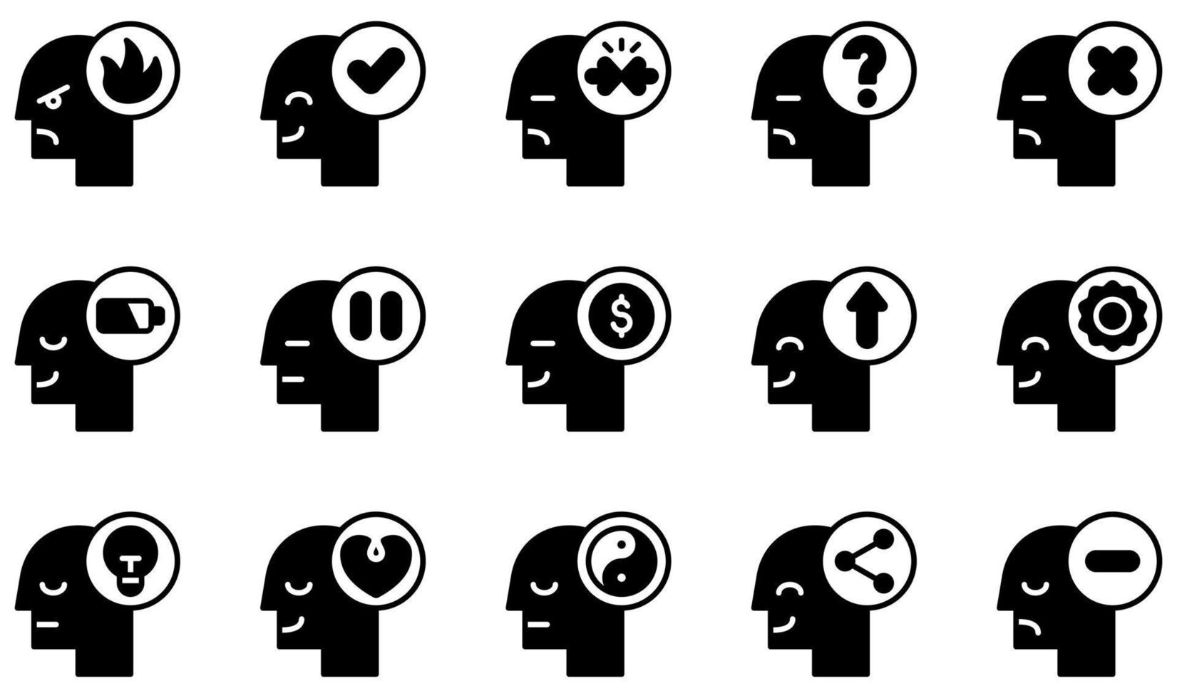 Reihe von Vektorsymbolen, die sich auf den menschlichen Geist beziehen. enthält Symbole wie wütend, genehmigt, Konflikt, verwirrt, behindert, Glück und mehr. vektor