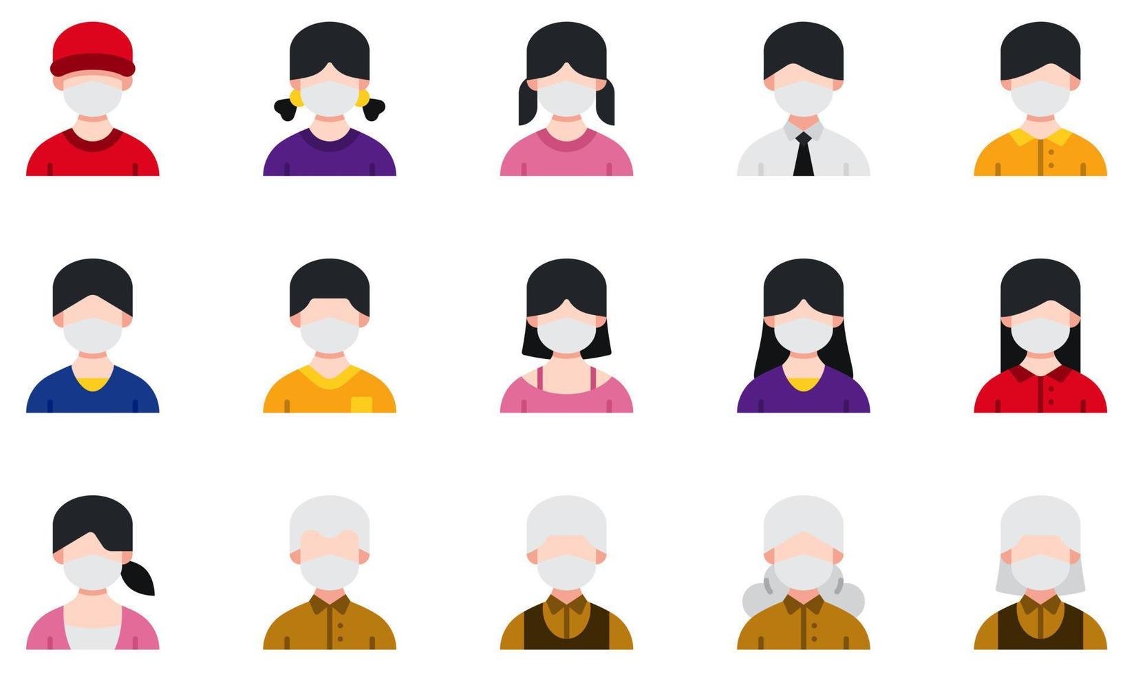 uppsättning vektor ikoner relaterade till avatarer med medicinska masker. innehåller sådana ikoner som pojke, flicka, man, 4, gammal man, gammal kvinna och mer.