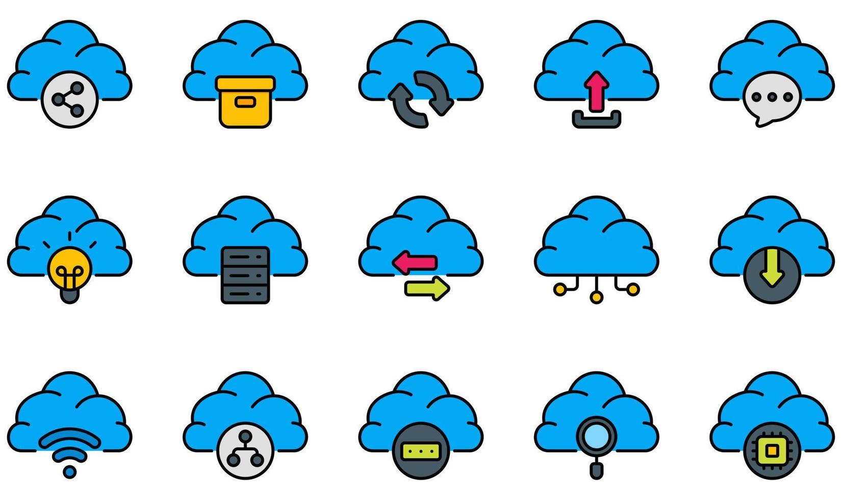 Reihe von Vektorsymbolen im Zusammenhang mit Cloud-Technologie. enthält Symbole wie Einstellungen, Cloud-Upload, Kommunikation, Rechenzentrum, Infrastruktur, Verwaltung und mehr. vektor