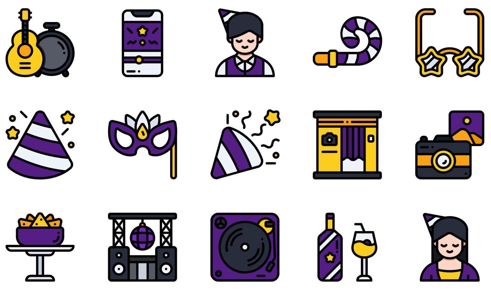 uppsättning vektor ikoner relaterade till fest. innehåller sådana ikoner som livemusik, festblåsare, festhatt, festmask, fotobås, mellanmål och mer.