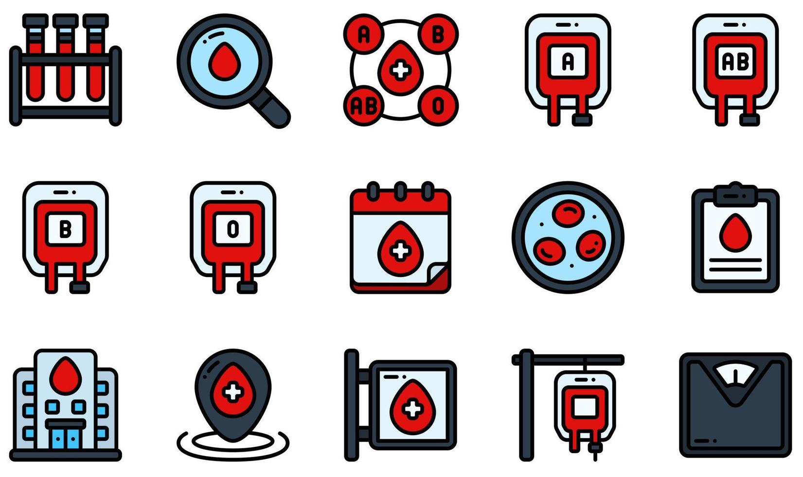 uppsättning vektor ikoner relaterade till blodgivning. innehåller sådana ikoner som blodprov, kalender, erytrocyter, hälsorapport, transfusion, vikt och mer.