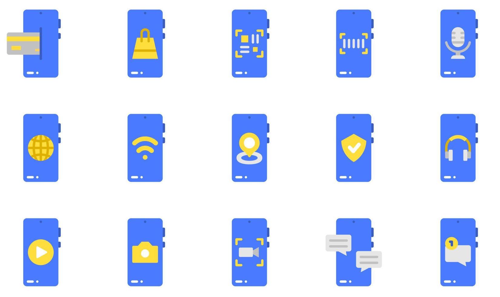 Reihe von Vektorsymbolen für mobile Funktionen. Enthält Symbole wie Online-Zahlung, Telefonanruf, QR-Code, Einstellungen, Übertragung, Hochladen und mehr. vektor