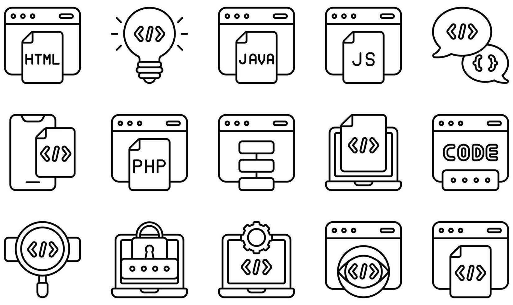 Satz von Vektorsymbolen im Zusammenhang mit der Codierung. enthält Symbole wie HTML, Idee, Java, Javascript, PHP, Programmierung und mehr. vektor