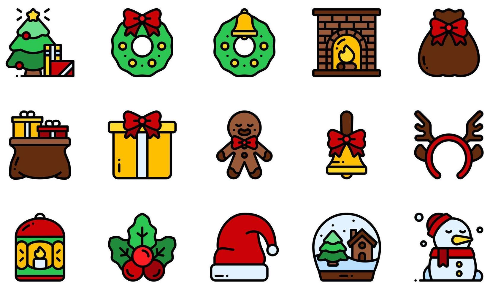 uppsättning vektor ikoner relaterade till juldekoration. innehåller sådana ikoner som julgran, julkrans, öppen spis, presentpåse, pepparkakor, handklocka och mer.