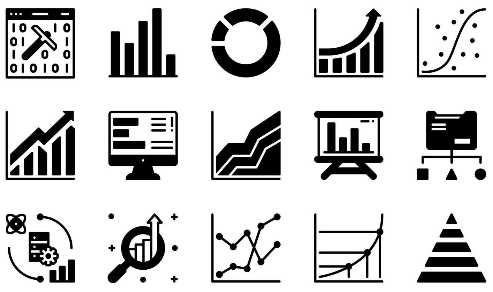 Satz von Vektorsymbolen im Zusammenhang mit der Datenanalyse. enthält Symbole wie Bergbau, Balkendiagramm, Kreisdiagramm, Wachstumsdiagramm, Streudiagramm, Datenbericht und mehr. vektor